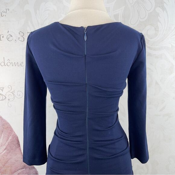 Nicole Miller Studio Navy Blue Sheath Ruched Knit Dress Size Small - Picture 9 of 14